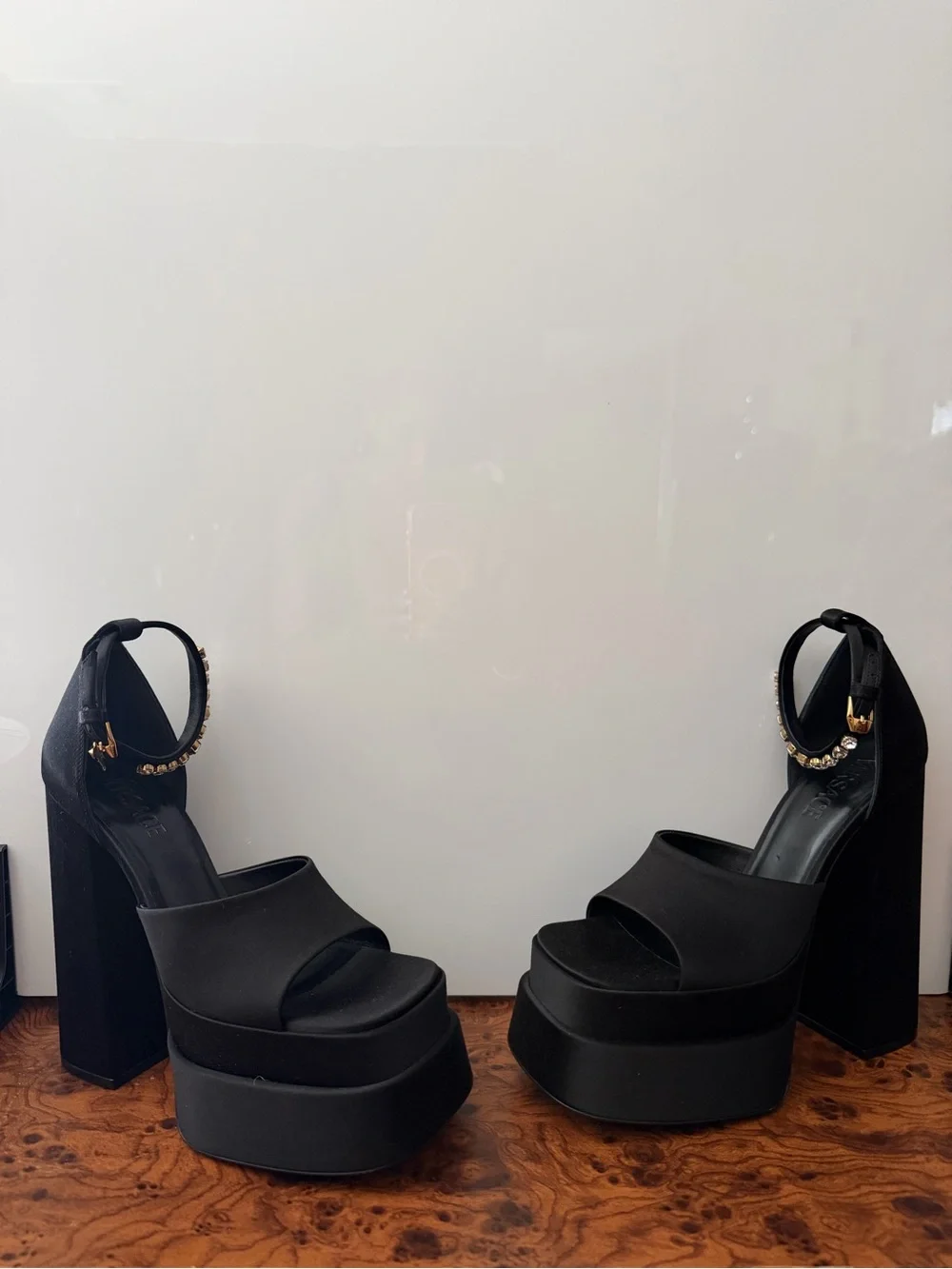 Versace Black Platform Block-Heel Sandals with Gold Chain Ankle Strap